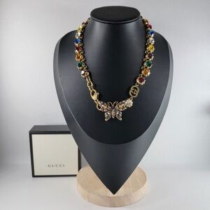 RARE GUCCI GG Logo Butterfly Antique Goldplated × Rhinestones Necklace